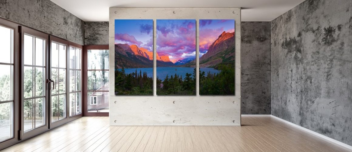 Acrylic print of mountains, lake, and tree divided into three panels.