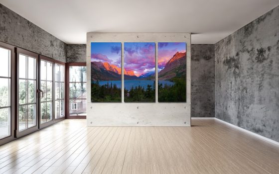 Acrylic print of mountains, lake, and tree divided into three panels.