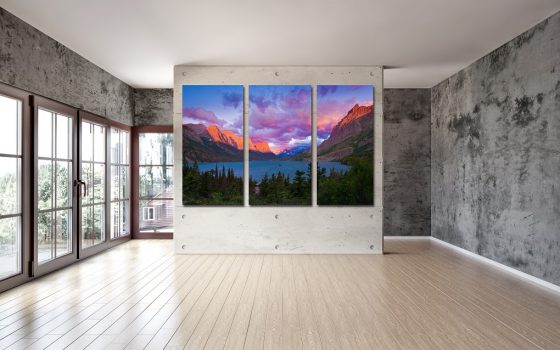 Acrylic Print Panels-Mountains, Lake, Trees Acrylic print of mountains, lake, and tree divided into three panels.