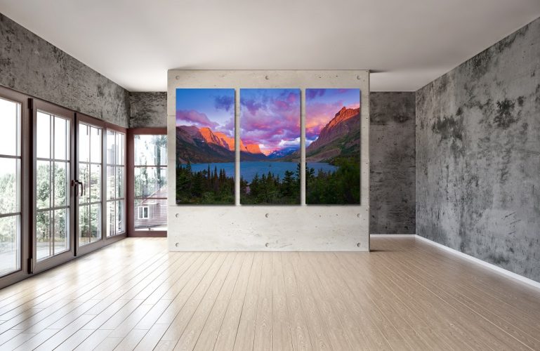 Acrylic Print Panels-Mountains, Lake, Trees Acrylic print of mountains, lake, and tree divided into three panels.