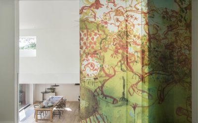 Acrylic abstract multicolored print made into three panels for sliding doors.