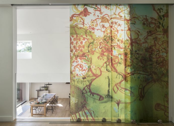 Acrylic Print Made Into Sliding Door Panels Acrylic abstract multicolored print made into three panels for sliding doors.