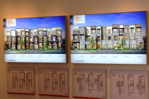 Backlit image of apartment complex.