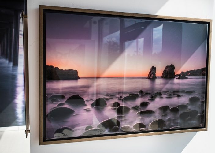 Canvas Print with Epoxy: Sunrise Ocean View with Rocks and Fog Canvas epoxy print of sunrise over ocean with rocks and fog.