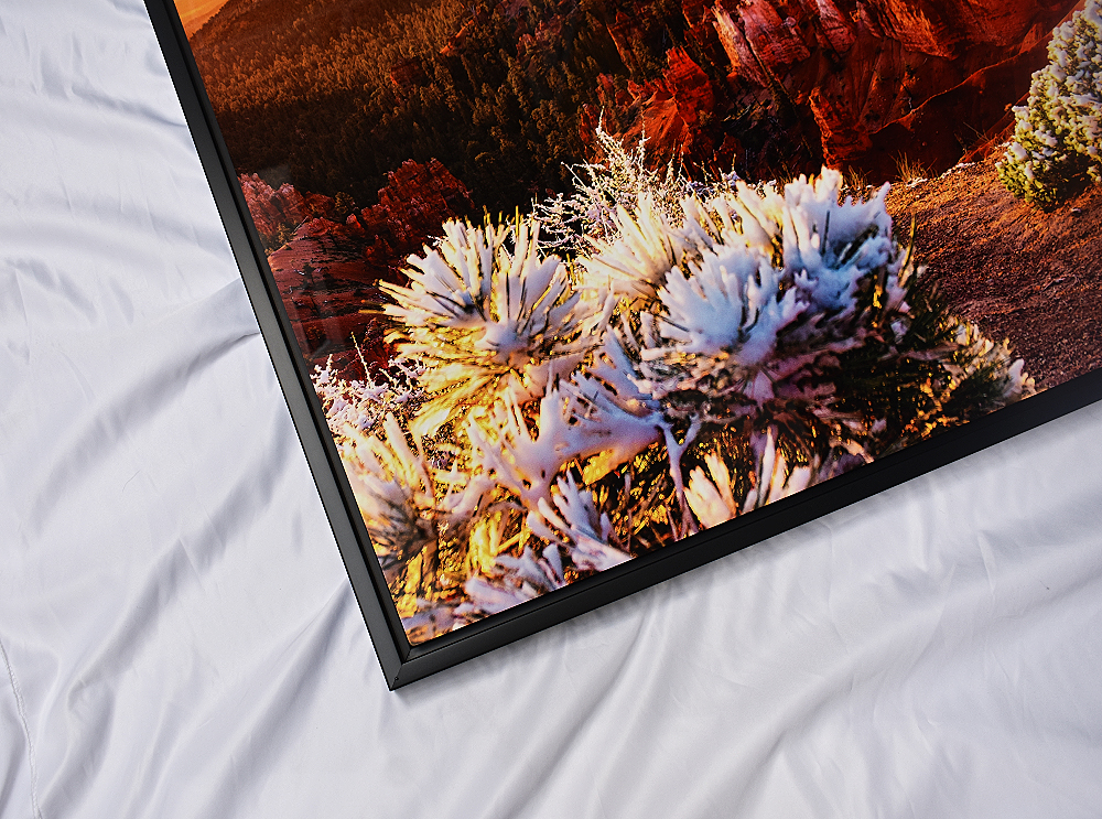 framed metal prints on white sheet