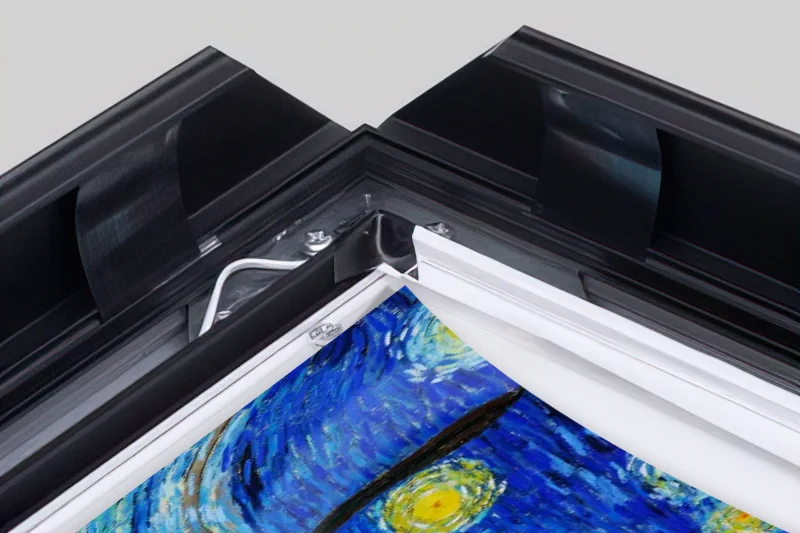 The frames are designed to hold prints securely while allowing for easy and quick graphic changes. The frame features a hinged design with snap-open sides that enable effortless access to the print. This makes it convenient to update or replace graphics as needed, without requiring any special tools or expertise.