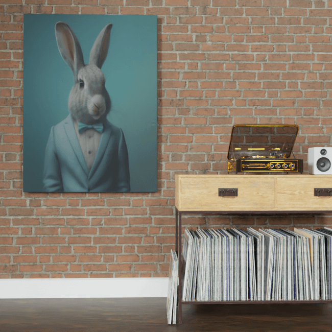 Furry Fashionistas156_Blue Suit Bunny_Brick_wall