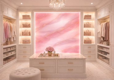 Elegant feminine walk-in closet with marble panel